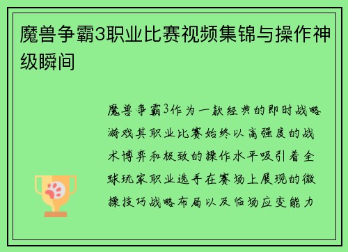 魔兽争霸3职业比赛视频集锦与操作神级瞬间